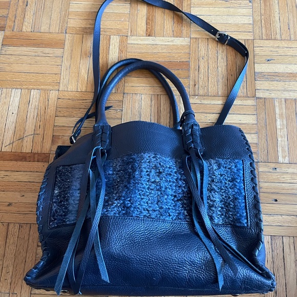 Handbags - Navy Leather Tote Bag - beautiful details - hand knitted detailed.